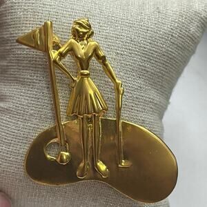 Lady Golfer Pin/Brooch Vintage, Gold Bezel, Shiny Gold Lady‎ Golfer, CAJC Design